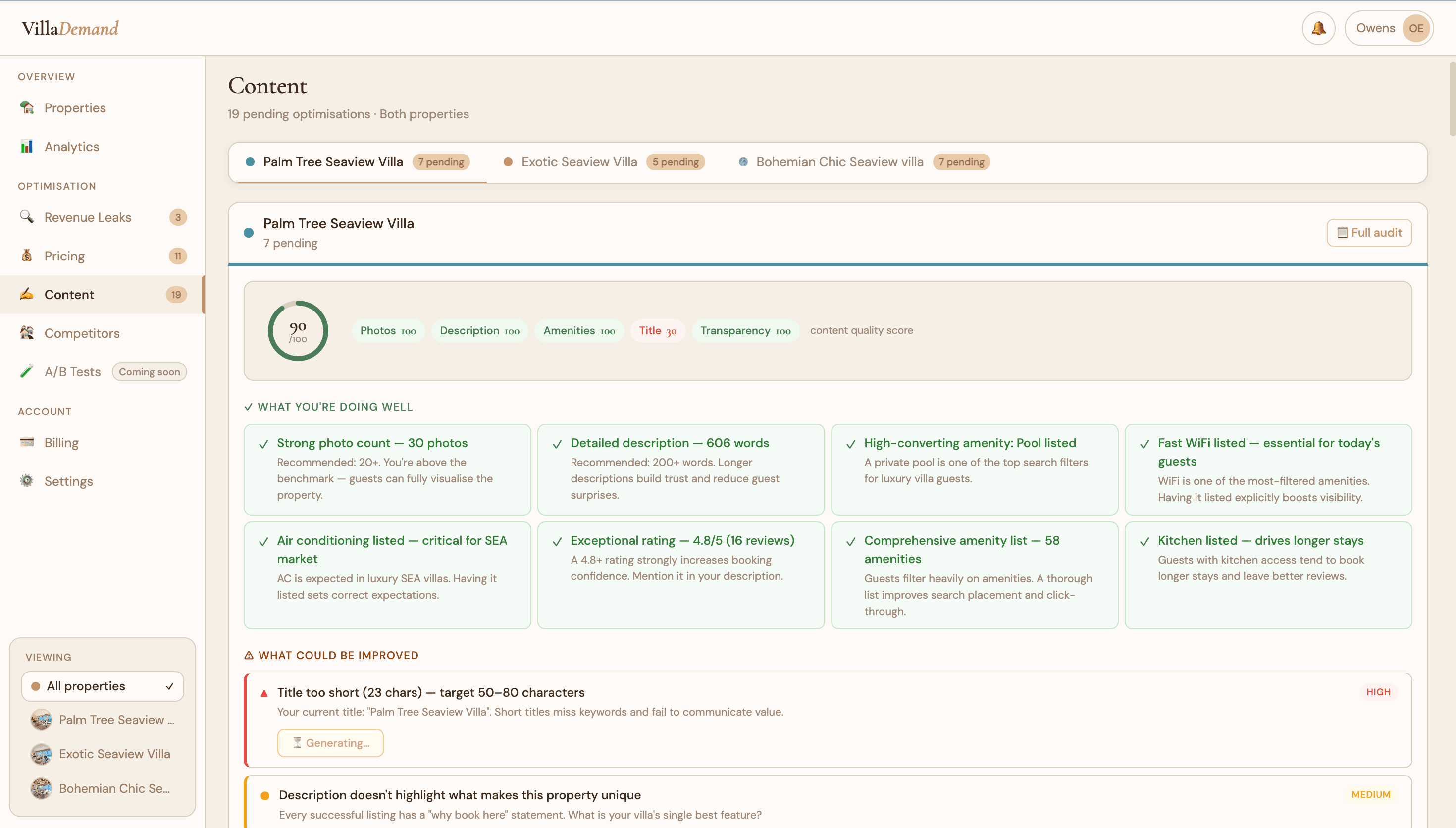 VillaDemand content page showing 90/100 content quality score
